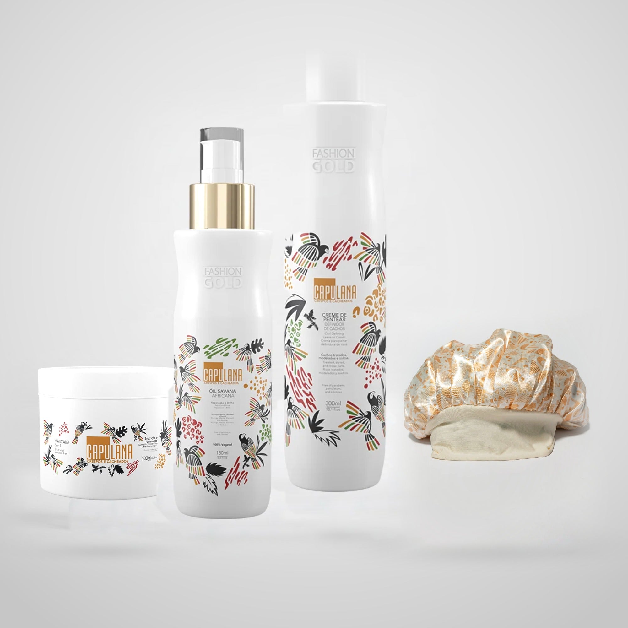 Capulana Kit + 2-in-1 Mask 500g + Leave-In Cream 300ml + African Savannah Oil 150ml + Free Satin Hair Cap