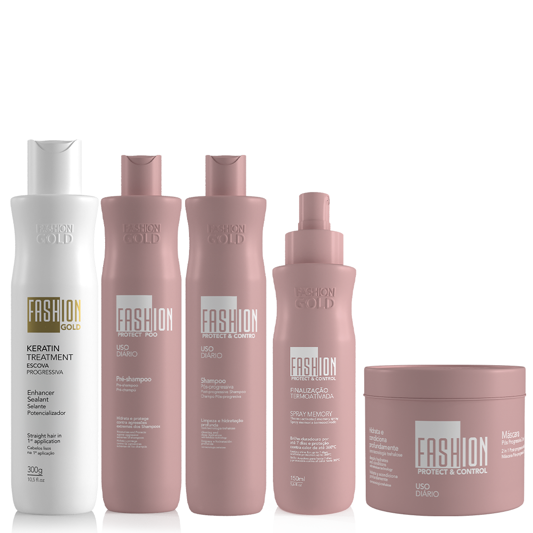 Kit Combo Fashion Gold:
BABY Sealant 300g/10.5 fl. oz + PROTECT POO (Pre-champú) 300ml/10.1 fl. oz + Protect & Control SPRAY MEMORY 150ml/5.6 fl. oz