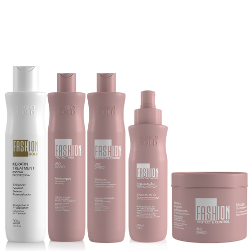 Kit Combo Fashion Gold:
BABY Sealant 300g/10.5 fl. oz + PROTECT POO (Pre-champú) 300ml/10.1 fl. oz + Protect & Control SPRAY MEMORY 150ml/5.6 fl. oz