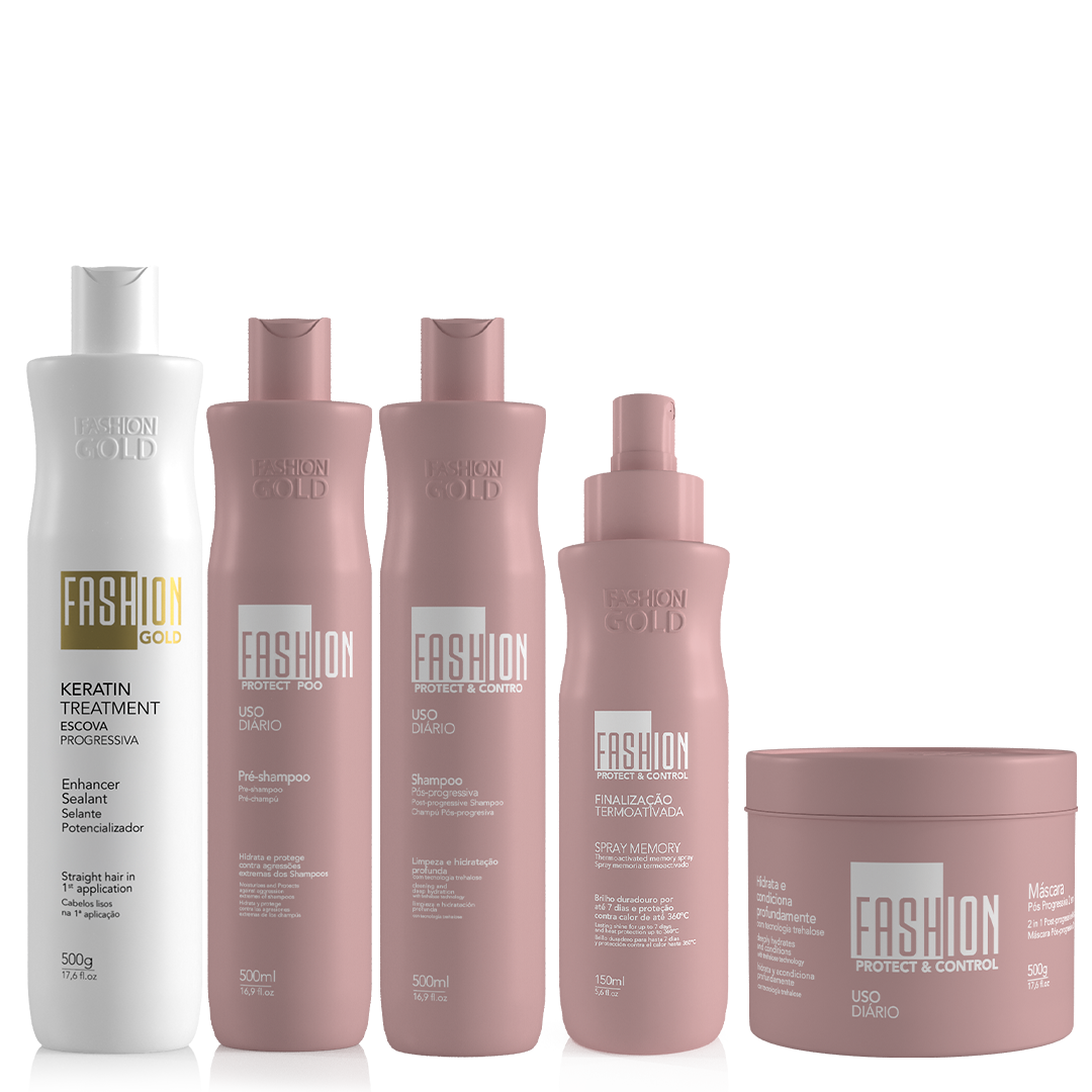 Kit Combo Fashion Gold Sealant 500g/17.6fl.oz + PROTECT POO - Pre-Shampoo 500ml/16.9fl oz + Protect & Control SPRAY MEMORY 150ml/5,6fl.oz