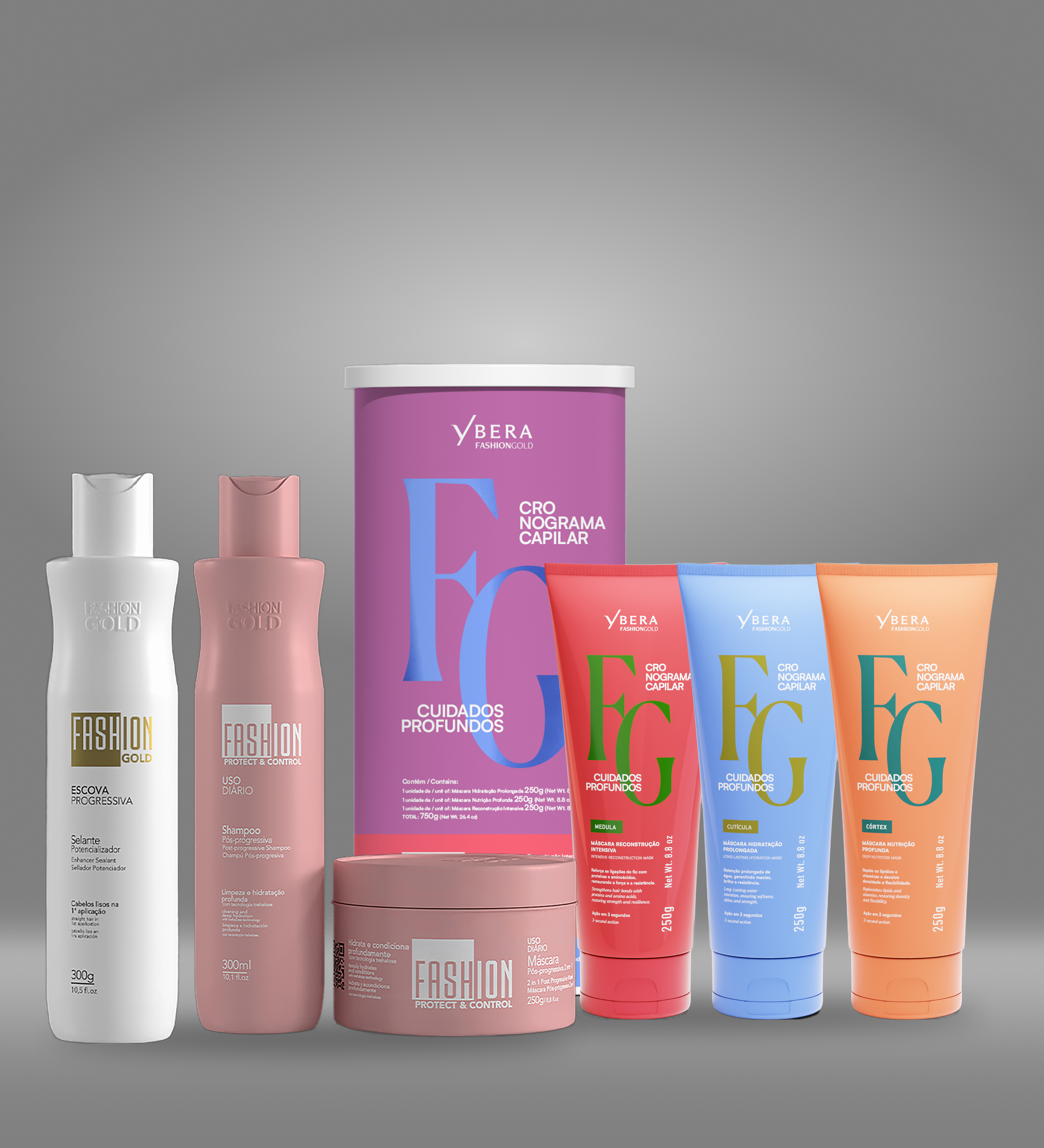 Fashion Gold Kit + Sealant 300g (10.6 oz) + Shampoo 300ml (10.1 fl oz) + Mask 250g (8.8 oz) + Cronograma Deep Care 750g (26.4 oz)